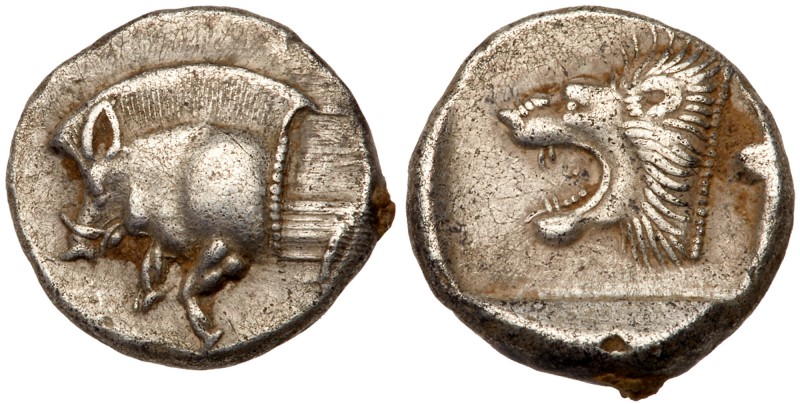 Mysia, Kyzikos. Silver Diobol (1.24 g), ca. 450-400 BC. Forepart of boar left; t...