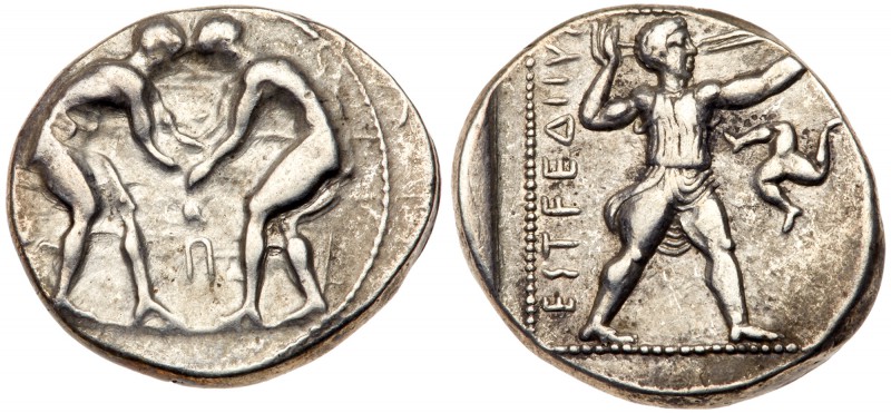 Pamphylia, Aspendos. Silver Stater (10.81 g), ca. 380/75-330/25 BC. Two wrestler...