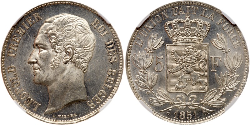 Belgium. 5 Francs, 1851. Dav-51; KM-17. Leopold I, 1831-1865. No dot above date....