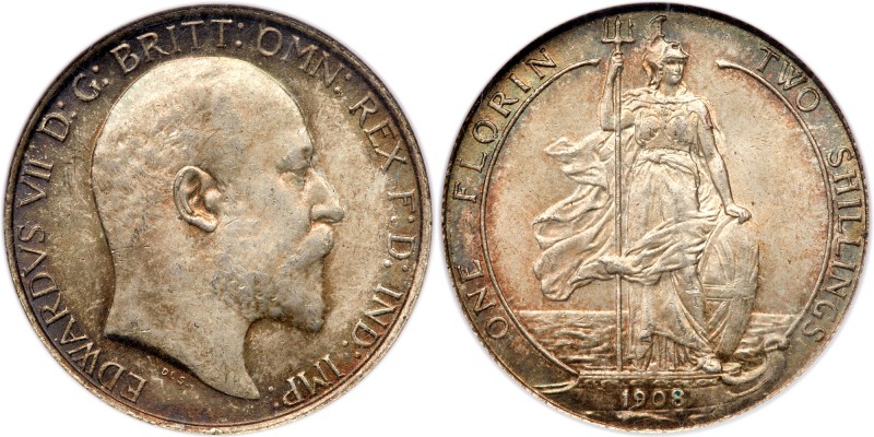 Great Britain. Florin, 1908. S.3981; ESC-926; KM-801. Edward VII. Obverse; Bust ...