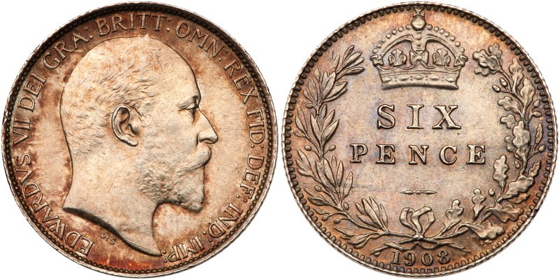 Great Britain. Sixpence, 1908. S.3983; ESC-1792(R); KM-799. Edward VII. Obverse;...