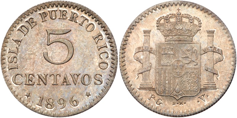 Puerto Rico. 5 Centavos, 1896-PGV. KM-20. Alfonso XIII. A gem coin under graded ...