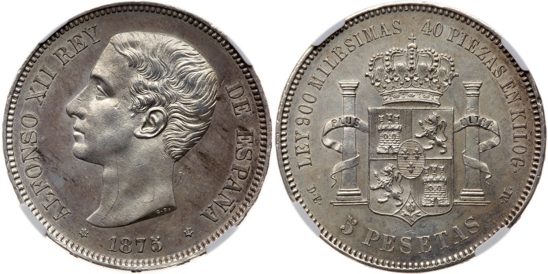 Spain. 5 Pesetas, 1875 (75) DEM. Dav-339; KM-671. Alfonso XII. NGC graded Uncirc...