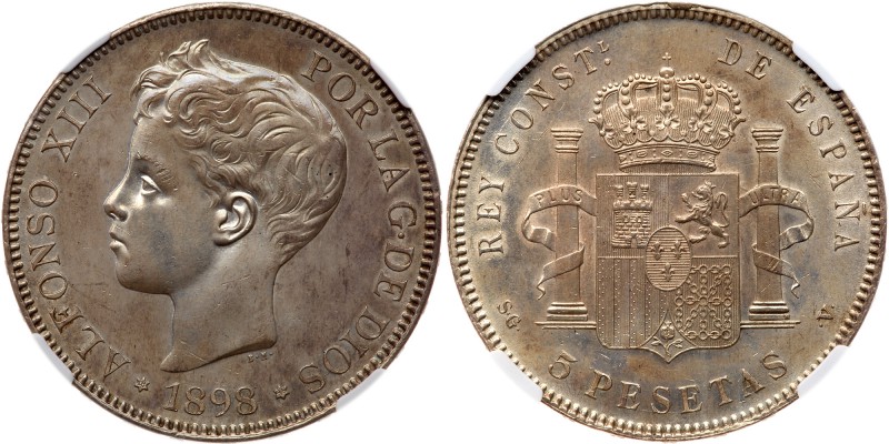 Spain. 5 Pesetas, 1898 (98) SGV. Dav-344; KM-707. Alfonso XIII. Child's head lef...
