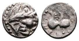 Celts in Eastern Europe, circa 2nd – 1st century BC. AR Drachm (Silver, 14.1 mm, 2.40 g.). “Kapostaler Kleingeld“ Type. Celticised, laureate and beard...