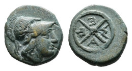 Thrace. Mesambria, circa 350-300 BC. AE (Bronze, 10.4 mm, 1.17 g.). Helmeted head of Athena to right. Rev: M – E – T – A in four-spoked wheel. SNG BM ...