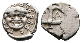 Thrace. Apollonia Pontika, circa 470-435 BC. AR Drachm (Silver, 13.5 mm, 3.24 g.). Facing Gorgoneion with tongue protruding, serpents around. Rev. Upr...