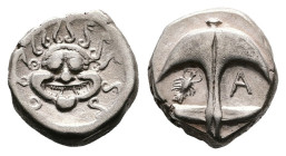 Thrace. Apollonia Pontika, circa 480-470 BC. AR Drachm (Silver, 13 mm, 3.27 g.). Facing Archaic Gorgoneion with tongue protruding, serpents around. Re...