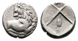 Thrace. Thracian Chersonese, circa 386-338 BC. AR Hemidrachm (Silver, 13 mm, 2.38 g.). Forepart of a lion to right, head reverted to left. Rev. Quadri...