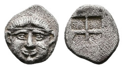 Macedon. Neapolis, circa 525-450 BC. AR Trihemiobol (Silver, 9 mm, 0.83 g.), Milesian standard. Facing gorgoneion with protruding tongue. Rev. Quadrip...