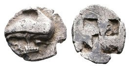 Macedon. Eion, circa 480-470 BC. AR Trihemiobol (Silver, 11 mm, 0.94 g.). Goose standing to right, head turned to left. Rev. Incuse quadripartite squa...