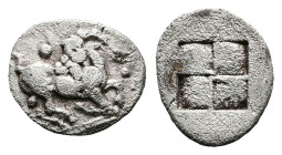 Thraco-Macedonian Tribes. The Mygdones or Krestones, circa 480-470 BC. AR Diobol or 1/8 Stater (Silver, 12.6 mm, 0.90 g). Goat kneeling right, head tu...
