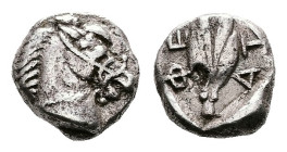 Thessaly. Thessalian League, ca. 470-460 BC. AR Obol (Silver, 8 mm, 0.95 g). Forepart of bridled horse to right. Rev. ΘΕ - ΤΑ, wheat grain in husk all...