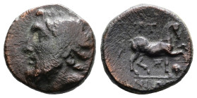 Thessaly. Gyrton, 3rd century BC. AE (Bronze, 19.4 mm, 6.36 g). Laureate head of Zeus to left. Rev. [Γ]YPT – Ω – NIΩ[N], bridled horse trotting right;...