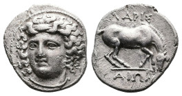 Thessaly. Larissa, circa 356-342 BC. AR Drachm (Silver, 18.5 mm, 5.78 g.). Head of the nymph Larissa facing three quarters to left, adorned with ampyx...