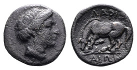 Thessaly. Larissa, circa 380-337 BC. AE (Bronze, 13.6 mm, 1.84 g.). Head of the nymph Larissa to right. Rev. ΛAPIΣ – AIΩN (in ex.), horse grazing to l...