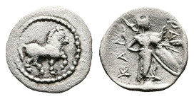 Thessaly. Pharkadon, circa 420-400 BC. AR Obol (Silver, 11.3 mm, 0.53 g.). Horse trotting to right. Rev. Athena standing to right, placing right hand ...