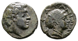 Thessaly. Phalanna, mid–4th century BC. AE (Bronze, 17.8 mm, 4.67 g.). Youthful male head to right. Rev. ΦAΛANNAIΩN, head of a nymph to right, wearing...