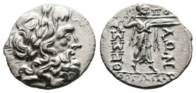 Thessaly. Thessalian League, circa 196-146 BC. AR Drachm (Silver, 21.2 mm, 5.40 g.). Apo(?) and Gorgopas, magistrates. Head of Zeus to right, wearing ...