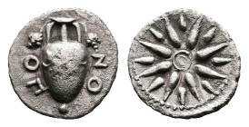 Lokris. Lokri Opuntii, ca. 375-350 BC. AR Obol (Silver, 10.5 mm, 0.58 g). OП – ON, amphora with ivy-leafs over handles. Rev. Star of eight rays with c...