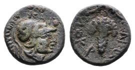 Lokris. Lokri Opuntii, 4th – 2nd century BC. AE (Bronze, 12.2 mm, 1.64 g.). Head of Athena helmeted to right, KA above. Rev. Bunch of grapes on stalk ...