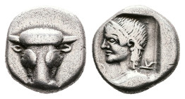 Phokis. Phokian Federal coinage, circa 445-420 BC. AR Hemidrachm (Silver, 12.4 mm, 2.99 g.). Facing head of a bull. Rev. [Φ]-Ο-Κ-Ι, head of Artemis to...