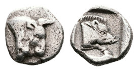 Phokis. Phokian League. Federal coinage, circa 450 BC. AR Obol (Silver, 9 mm, 0.88 g.). Head of bull to right. Rev. Forepart of boar to right, within ...