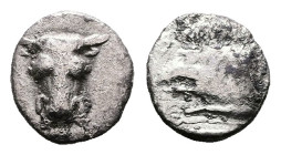 Phokis. Phokian League. Federal coinage, circa 449-447 BC. AR Obol (Silver, 8.8 mm, 0.54 g.). Facing head of bull. Rev. Forepart of boar right within ...