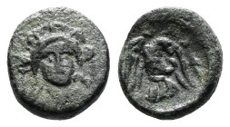 Euboea. Chalkis, circa 338-308 BC. AE (Bronze, 11.4 mm, 1.76 g.). Head of Hera facing on Ionic capital. Rev. X-A-Λ, eagle flying right, holding serpen...