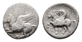Korinthia, Korinth, circa 345-307 BC. AR Obol (Silver, 10 mm, 0.78 g.). Pegasos flying to left, with curled wing; Ϙ below. Rev. Pegasos flying to left...