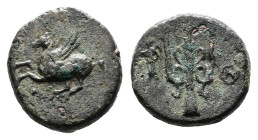 Korinthia, Korinth, circa 287-252 BC. AE (Bronze, 12.6 mm, 2.10 g.). Pegasos flying to left, Ϙ below. Rev. Trident head; to left Tyche standing to lef...