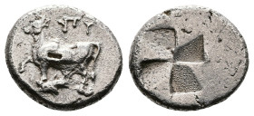 Thrace. Byzantion, circa 387/6–340 BC. AR Siglos (Silver, 18.2 mm, 5.12 g). Persic standard. Bull standing left on dolphin, raising his right foreleg,...