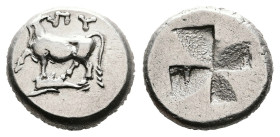 Thrace. Byzantion, circa 387/6–340 BC. AR Siglos (Silver, 15.4 mm, 5.38 g). Persic standard. Bull standing left on dolphin, raising his right foreleg,...