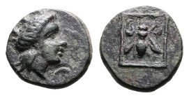Troas. Gentinos, circa 350-300 BC. AE (Bronze, 11.4 mm, 1.43 g.). Female head (Artemis?) to right, wearing mural crown. Rev. Г – Е, bee in linear squa...
