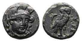 Troas. Sigeion, 4th century BC. AE (Bronze, 12.2 mm, 1.67 g.). Head of Athena, facing three-quarters to right, wearing triple crested Attic helmet. Re...