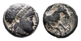 Mysia, Atarneos, 3rd century BC. AE (Bronze, 9.4 mm, 1.04 g.). Laureate head of Apollo to right. Rev. Forepart of horse to right ΑΤ[Α]P. Very Fine. Sc...