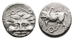 Mysia. Parion, circa 400-300 BC. AR Hemidrachm (Silver, 12.1 mm, 2.38 g.). Facing Gorgoneion, serpents around. Rev. ΠΑ / ΡΙ, cow standing left, head r...