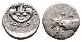 Mysia. Parion, circa 400-300 BC. AR Hemidrachm (Silver, 13.4 mm, 2.42 g.). Facing Gorgoneion, serpents around. Rev. ΠΑ / ΡΙ, cow standing left, head r...