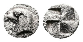 Aeolis. Kyme, circa 450-400 BC. AR Hemiobol (Silver, 7.8 mm, 0.42 g). K – [Y] (retrograde), head of an eagle to left. Rev. Quadripartite incuse square...