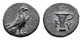 Aeolis. Kyme, circa 320-250 BC. AE (Bronze, 10.8 mm, 1.09 g.). Eagle standing to right with closed wings. Rev. K-Y, one-handled cup. SNG von Aulock 16...