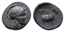 Aeolis. Aigai, 2nd - 1st centuries BC. Æ (Bronze, 13 mm, 1.64 g.). Helmeted head of Athena to right. Rev. Forepart of goat to right; AIΓAE above. SNG ...
