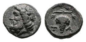 Aeolis. Temnos, circa 300-200 BC. AE (Bronze, 9.5 mm, 0.94 g.). Bearded head of Dionysos to left, wreathed with ivy. Rev. Bunch of grapes on leaves; T...