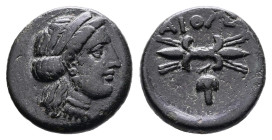 Lesbos. Methymna, 4th century BC. Koinon of Aeolis. AE (Bronze, 15.8 mm, 4.00 g.). Head of Hera right, wearing stephane and necklace. Rev. AIOΛE, thun...