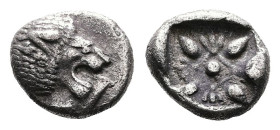 Ionia. Miletos, circa 520-450 BC. AR Diobol (Silver, 8.5 mm, 0.99 g.). Forepart of a roaring lion left, head turned back to right. Rev. Stellate patte...