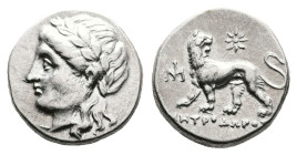 Ionia. Miletos, circa 340-325 BC. AR Drachm (Silver, 15.8 mm, 3.60 g.). Metrodoros, magistrate. Head of Apollo to left, wearing laurel wreath. Rev. Li...