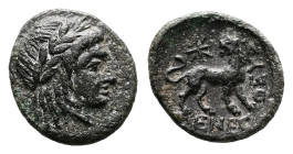 Ionia. Miletos, circa 350-325 BC. AE (Bronze, 11.3 mm, 1.17 g.). Menegos, magistrate. Laureate head of Apollo to right. Rev. Lion standing right, head...