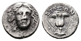 Islands off Karia. Rhodes, circa 205-190 BC. AR Hemidrachm (Silver, 15 mm, 1.77 g.). Stasion, magistrate. Radiate head of Helios facing slightly right...