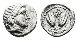 Islands off Karia. Rhodes, circa 250 BC. AR Diobol (Silver, 9.9 mm, 0.96 g.). Radiate head of Helios to right. Rev. P – O, two rose buds; above, Artem...