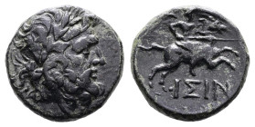 Pisidia. Isinda, circa 100-0 BC. AE (Bronze, 18.7 mm, 5.85 g.). Laureate head of Zeus to right. Rev. IΣIN, beneath rider on horseback galloping right,...