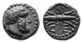 Pisidia. Selge, 2nd - 1st century BC. AE (Bronze, 11.9 mm, 2.50 g). Head of bearded Herakles right. Rev. CE, winged thunderbolt and bow, all within bo...